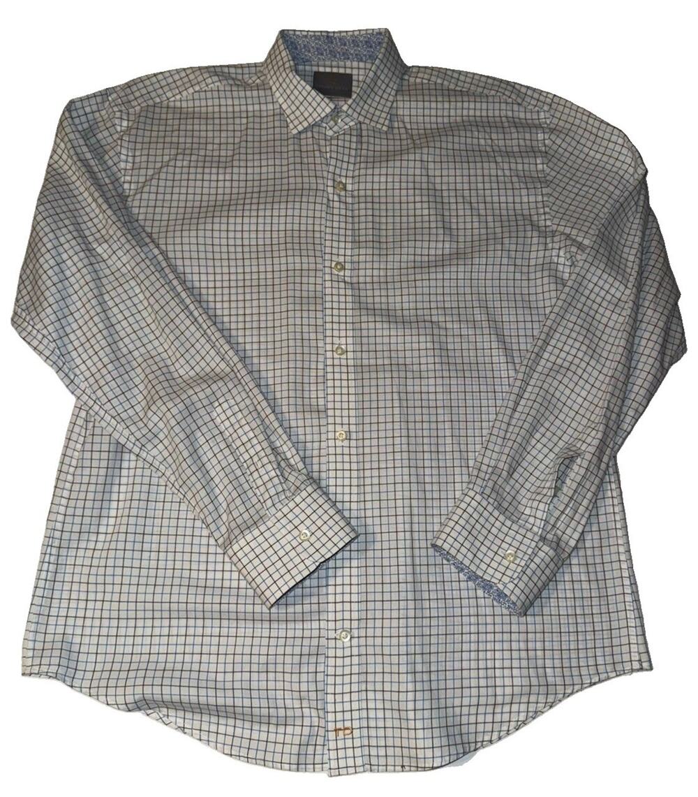 Thomas Dean TD Mens XL 18/20 Blue Check Long Sleeve Cotton Button Down Shirt